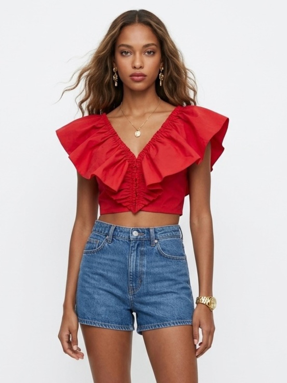 Iorane Red Ruffled Crop Top and White Shorts Set